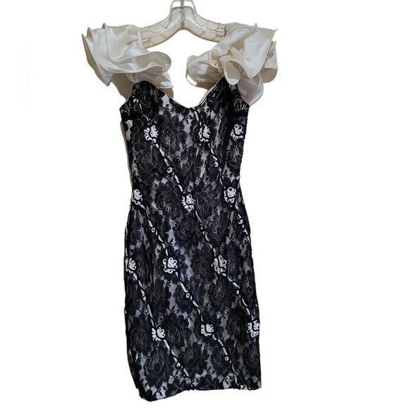 Midnight Glo Black Brown Cream Lace Aline Bodycon Dress W Ruffle Sleeve Sz 6 - Picture 1 of 8